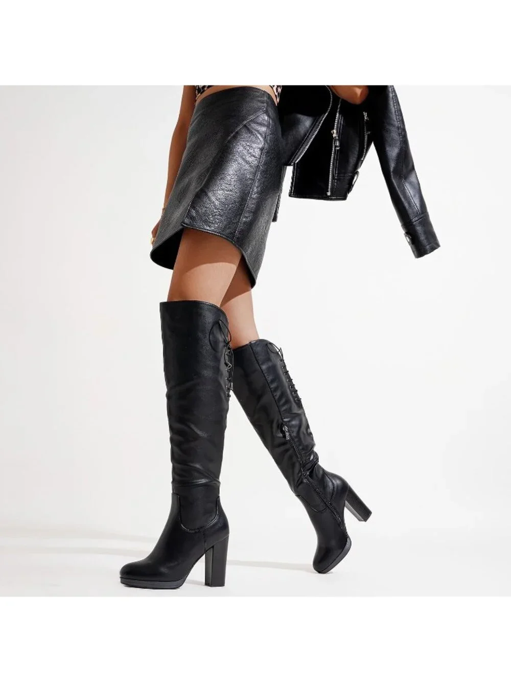 Women's Black Pu Block Heel Round Toe Faux Suede Over The Knee Thigh High Boots